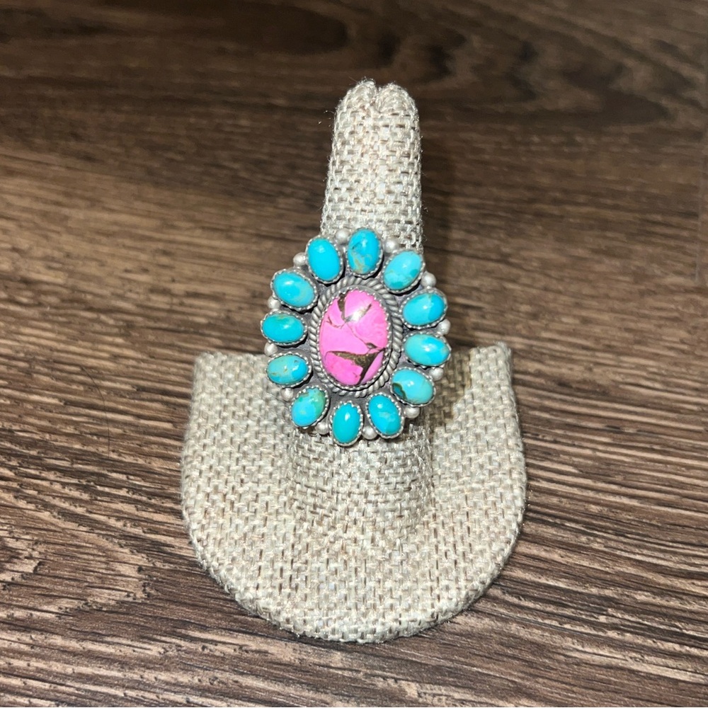 Turquoise & Pink Dahlia sterling silver adjustable cluster ring